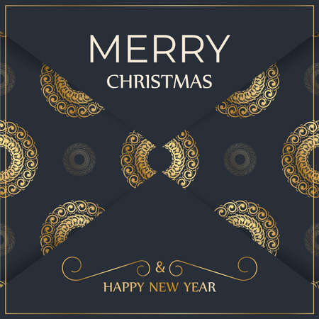 Greeting card Merry Christmas and Happy New Year in dark blue with winter gold patternのイラスト素材