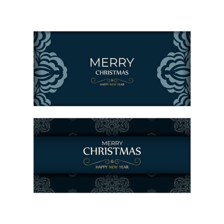 Holiday card Merry Christmas and Happy New Year in dark blue with winter blue ornamentのイラスト素材