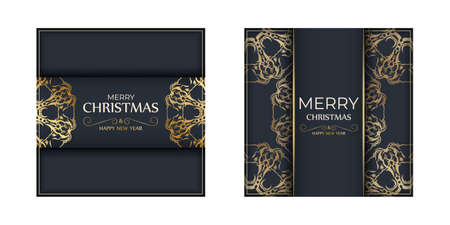 Merry christmas flyer template in dark blue color with vintage gold patternのイラスト素材