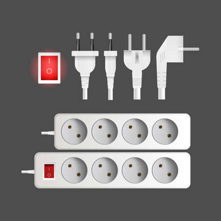 A set of white extension cords with three outlets. Plug for socket. Realistic style Vector.のイラスト素材