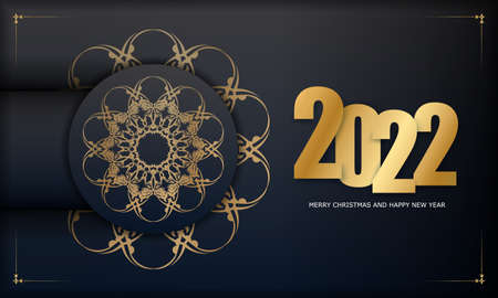 Postcard Template 2022 Merry Christmas Black with Vintage Gold Pattern