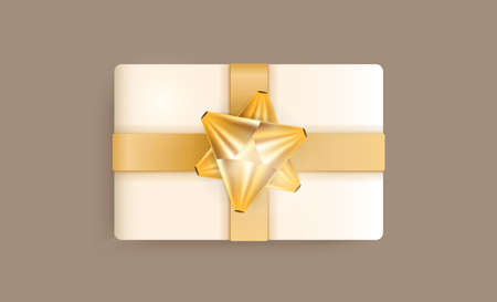 Realistic gift box with champagne color, gold ribbons and bow. Vector illustration. Trending colors.のイラスト素材