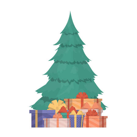 New Year banner with Christmas tree and gifts. Green coniferous tree. Gifts under the tree. Vector.のイラスト素材