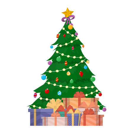 New Year banner with Christmas tree and gifts. Green coniferous tree. Gifts under the tree. Vector.のイラスト素材