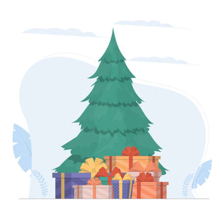 New Year banner with Christmas tree and gifts. Green coniferous tree. Gifts under the tree. Vector.のイラスト素材
