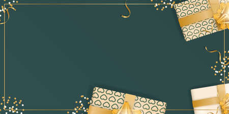 Green background with gifts and place for text. Ready poster or banner. View from above. Vector illustration.のイラスト素材