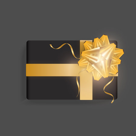 Black gift box with gold ribbon bow. Beautiful realistic gift box template for birthday, Christmas, new year design. Top view vectorのイラスト素材