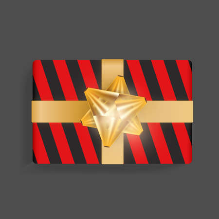 Black gift box with red stripes. Gold ribbon bow. Beautiful realistic gift box template for birthday, Christmas, new year design. Top view vector illustrationのイラスト素材