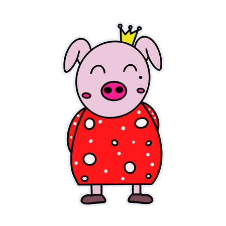Funny pig in a red dress. Piglet with a crown. Suitable for postcards, stickers, T-shirts and children's books. Isolated, vector.のイラスト素材