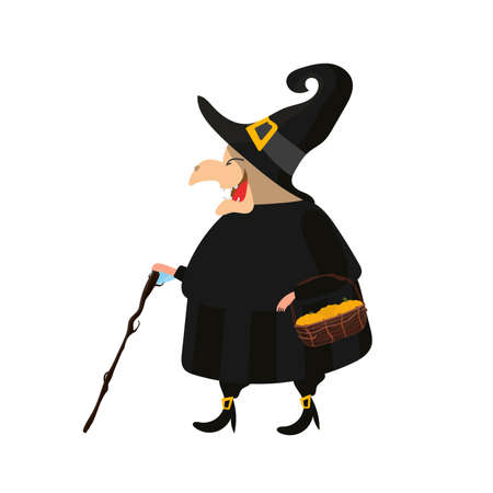 Witch in a black robe. Witch in a white hat. Good for a Halloween-themed design. Isolated. Vector.のイラスト素材