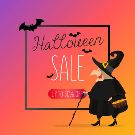 Halloween sale banner. Witch in a black robe. Witch with a hat. Vector.のイラスト素材
