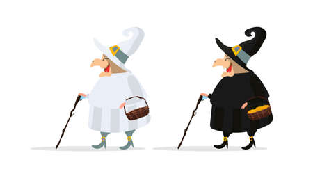 Witch in a black robe. Witch in a white hat. Good for a Halloween-themed design. Isolated. Vector.のイラスト素材