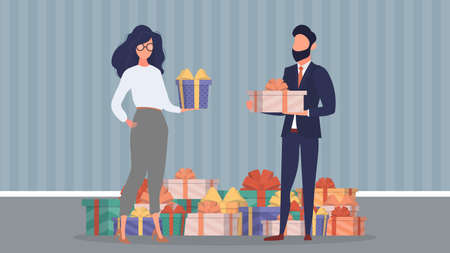 The girl and the guy are holding gifts in their hands. Woman and man with gifts in their hands. Holiday concept. Vector.のイラスト素材