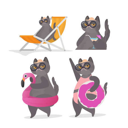 Set of funny cat stickers with a pink circle for swimming. Deckchair, umbrella. Cat in glasses and a hat. Good for stickers, cards and t-shirts. Funny banner on the theme of summer. Vector.のイラスト素材