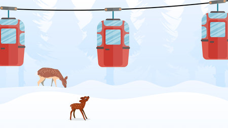 Cable car with trailers in the winter forest. Funicular carriage. The forest is with deer and snow. Cartoon style. Vector illustration.のイラスト素材