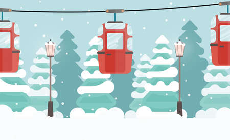 Cable car with trailers in the winter forest. Fabulous snowy forest. Cartoon style. Vector illustration.のイラスト素材