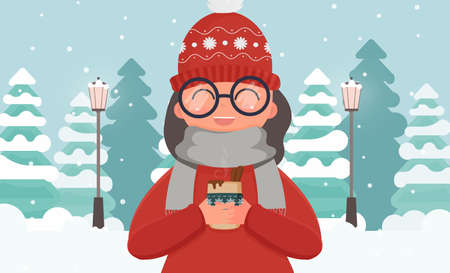 A girl in warm clothes holds a hot drink in her hands. Winter forest with fir trees in a flat style. Vector.のイラスト素材