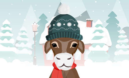 A bull in a warm winter hat against the background of a winter forest. Suitable for postcards and books. Vectorのイラスト素材