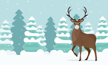 A large reindeer stands on a snowdrift in the forest. Reindeer with large antlers. Snowy forest. Vector illustrationのイラスト素材