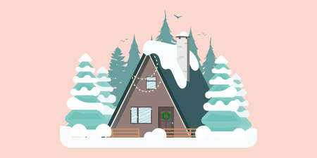 Concept House in a snowy forest with mountain views. Vector.のイラスト素材