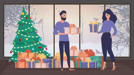 The girl and the guy are holding gifts in their hands. Woman and man with gifts in their hands. Holiday concept. Vector.のイラスト素材