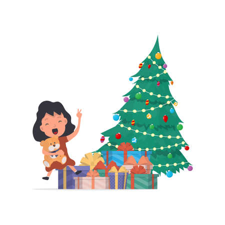 Happy children with gifts. Happy children, gift boxes, Christmas tree. Isolated. Vector.のイラスト素材