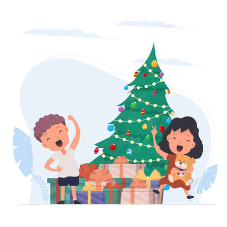 Happy children with gifts. Happy children, gift boxes, Christmas tree. Isolated. Vector.のイラスト素材