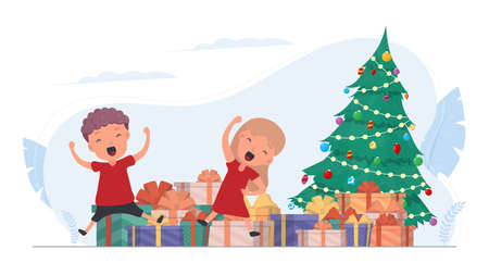 Happy children with gifts. Happy children, gift boxes, Christmas tree. Isolated. Vector.のイラスト素材