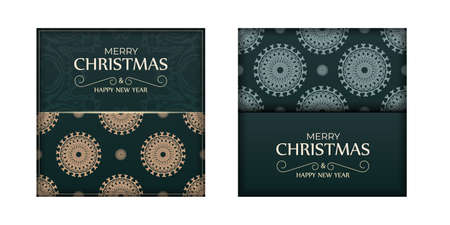 Happy new year greeting flyer template in dark green color with vintage yellow patternのイラスト素材