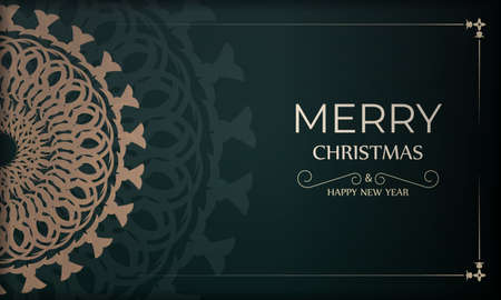 Brochure Merry Christmas and Happy New Year dark green color with vintage yellow ornamentのイラスト素材