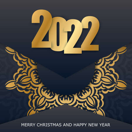 2022 postcard merry christmas and happy new year black color with vintage gold ornamentのイラスト素材