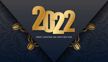 2022 Happy New Year Black Greeting Card with Winter Gold Ornamentのイラスト素材