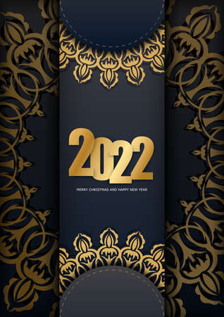 2022 happy new year holiday flyer in black color with vintage gold ornamentのイラスト素材