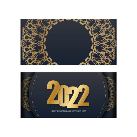 Greeting card template 2022 Merry Christmas and Happy New Year in black color with vintage gold ornamentのイラスト素材