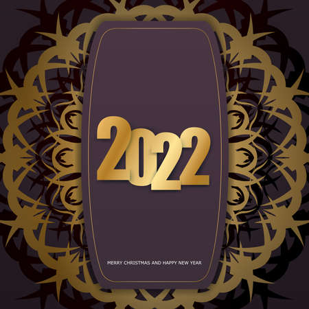 2022 postcard merry christmas and happy new year burgundy color with winter gold ornamentのイラスト素材