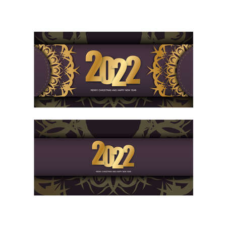2022 brochure happy new year burgundy color with vintage gold patternのイラスト素材