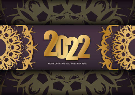 2022 brochure happy new year burgundy color with vintage gold patternのイラスト素材