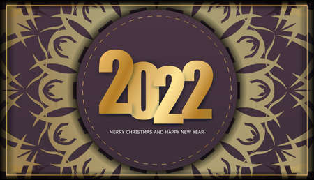 2022 merry christmas and happy new year burgundy color flyer with luxury gold ornamentのイラスト素材