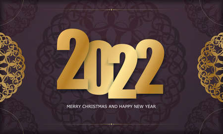 Holiday flyer 2022 happy new year burgundy color with winter gold ornamentのイラスト素材