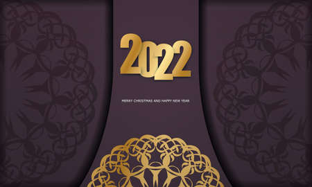 Postcard template 2022 Merry Christmas and Happy New Year burgundy color with vintage gold patternのイラスト素材