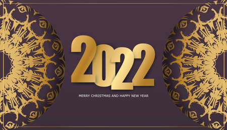 Greeting card template 2022 Happy New Year burgundy color with luxury gold ornamentのイラスト素材