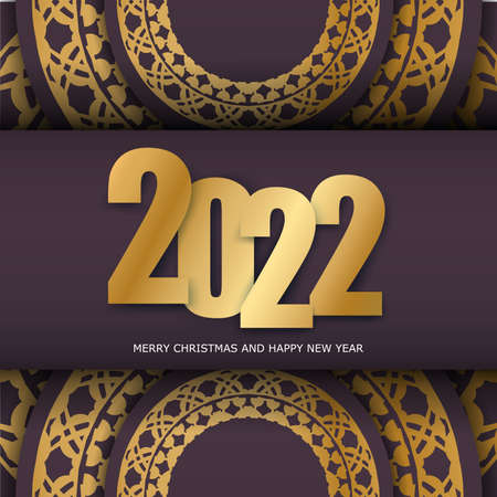 Greeting card template 2022 Happy New Year burgundy color with winter gold ornamentのイラスト素材