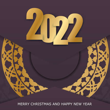 Template Greeting card 2022 Happy New Year burgundy color with abstract gold patternのイラスト素材