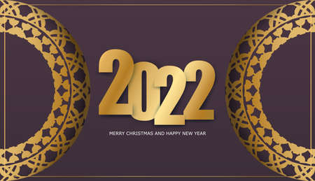 Template Greeting Brochure 2022 Merry Christmas and Happy New Year burgundy color with vintage gold patternのイラスト素材