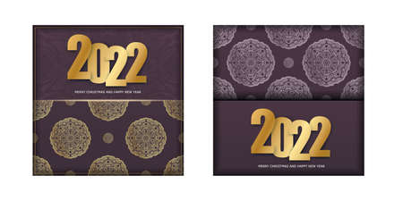 Greeting card template 2022 Happy New Year burgundy color with luxury gold patternのイラスト素材