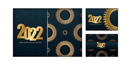 Flyer 2022 Merry Christmas and Happy New Year Dark blue color with vintage gold ornamentのイラスト素材