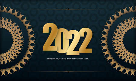 2022 Holiday Card Merry Christmas and Happy New Year in Dark Blue with Luxury Gold Ornament