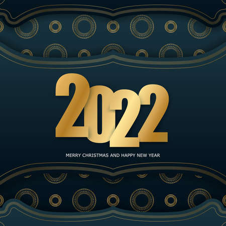 2022 Holiday Card Merry Christmas Dark Blue with Winter Gold Ornamentのイラスト素材