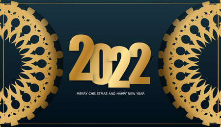 Postcard Template 2022 Happy New Year Dark Blue with Abstract Gold Ornamentのイラスト素材