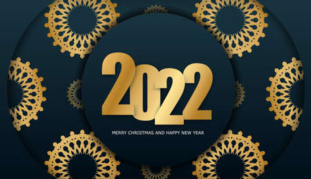 Brochure template 2022 Merry Christmas and Happy New Year in Dark blue color with vintage gold ornamentのイラスト素材